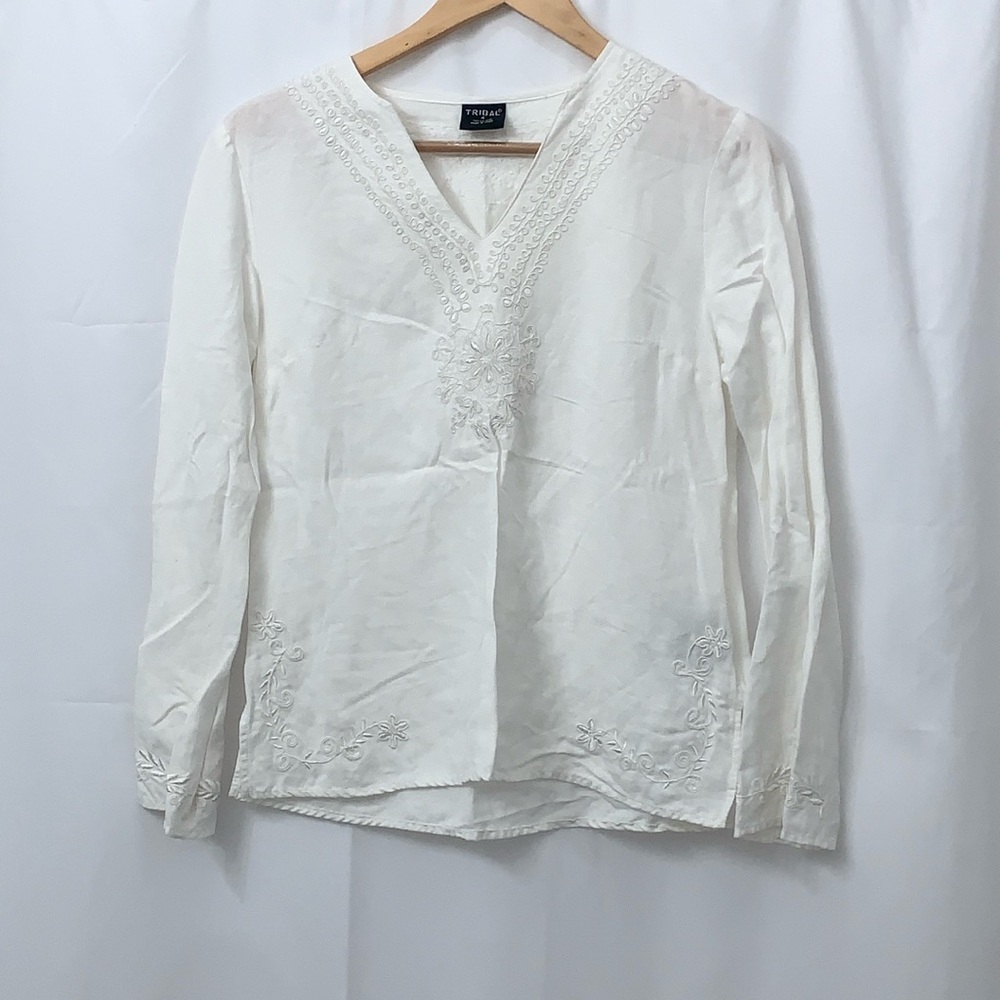 Tribal White Linen Blend Embroidered V-Neck Long Sleeve Blouse Size 4 39460-949